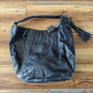 Chi by Carlos Falchi Large Black Leather Tote Bag Fringe Snake Skin